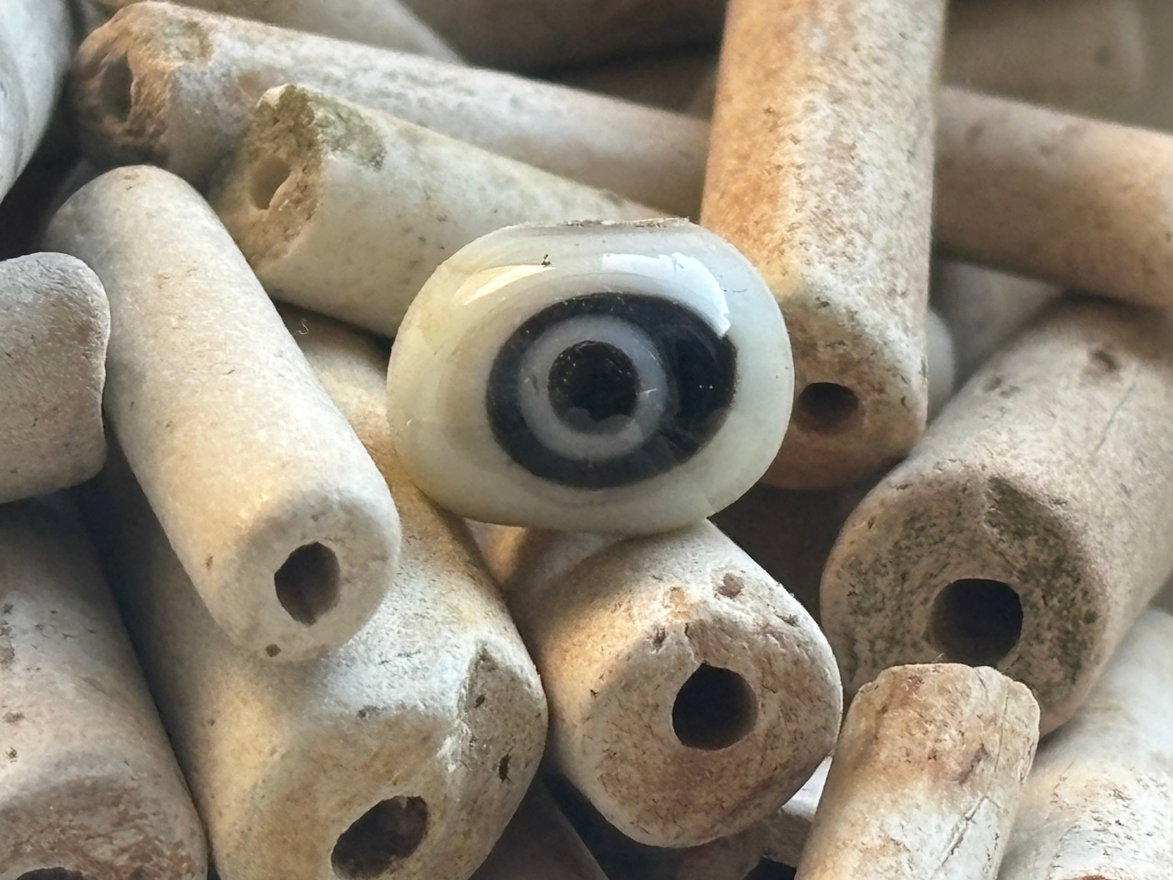 All-Seeing-Eye and Boroque Glass Pearls Necklace, Handmade from Foraged Glass