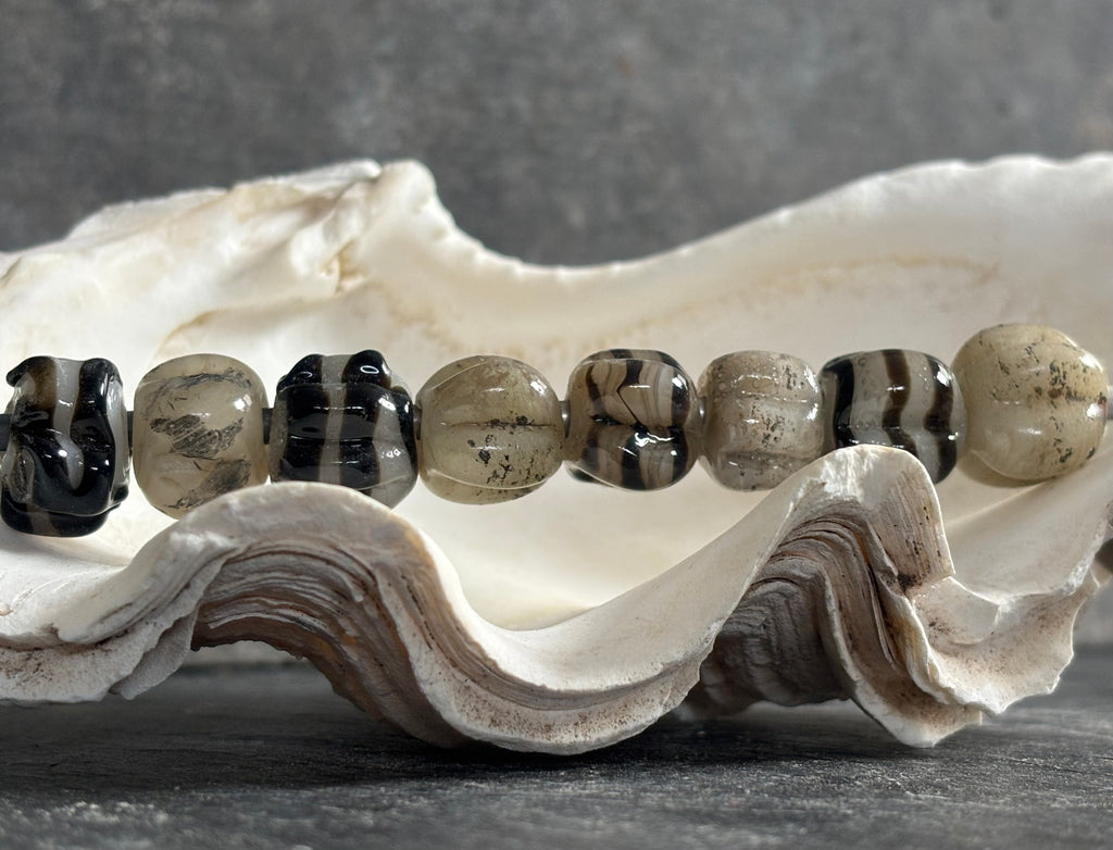 Scallop Shell and Nautical Stripes Necklace with Handmade Beads from Foraged Glass