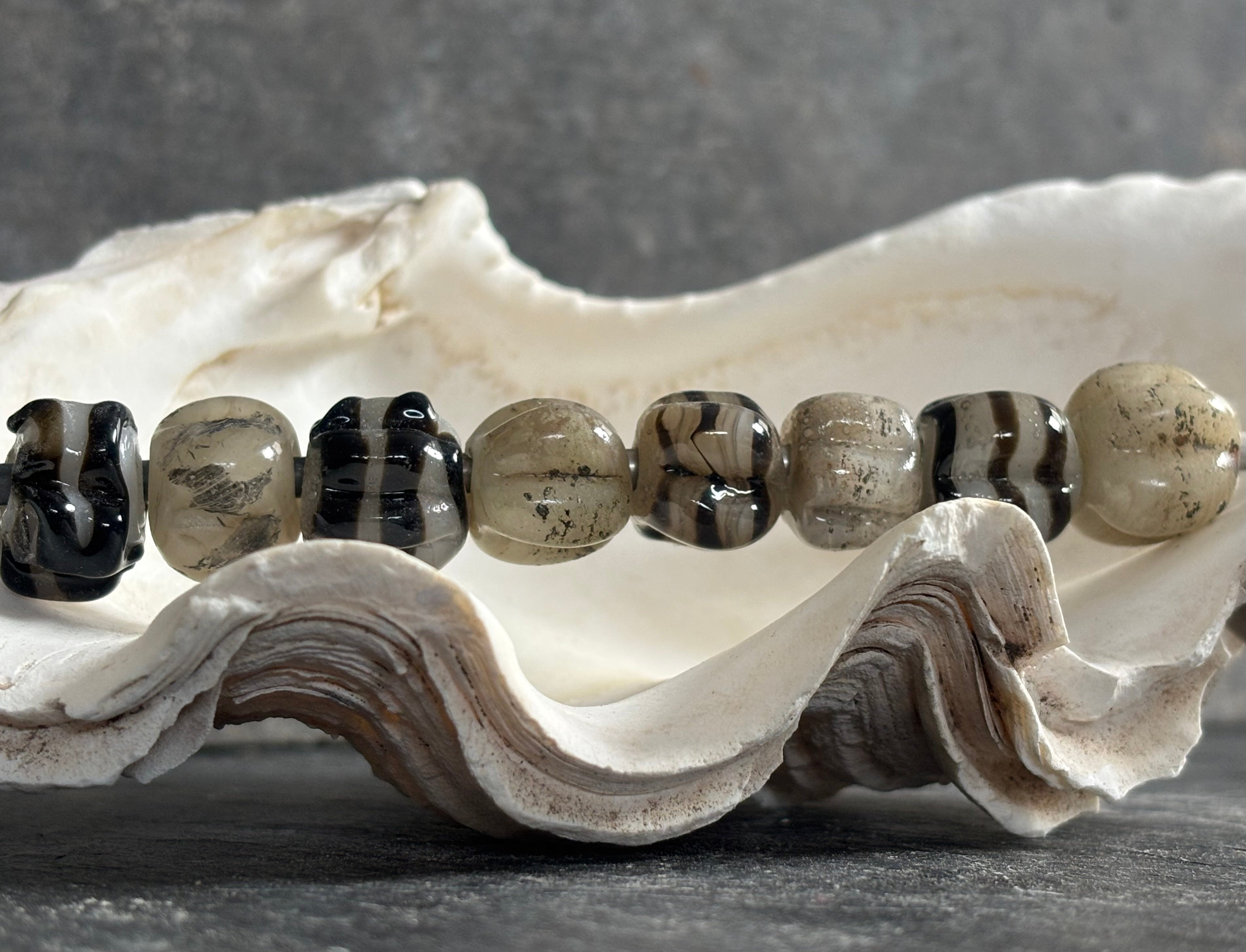 Scallop Shell and Nautical Stripes Necklace with Handmade Beads from Foraged Glass