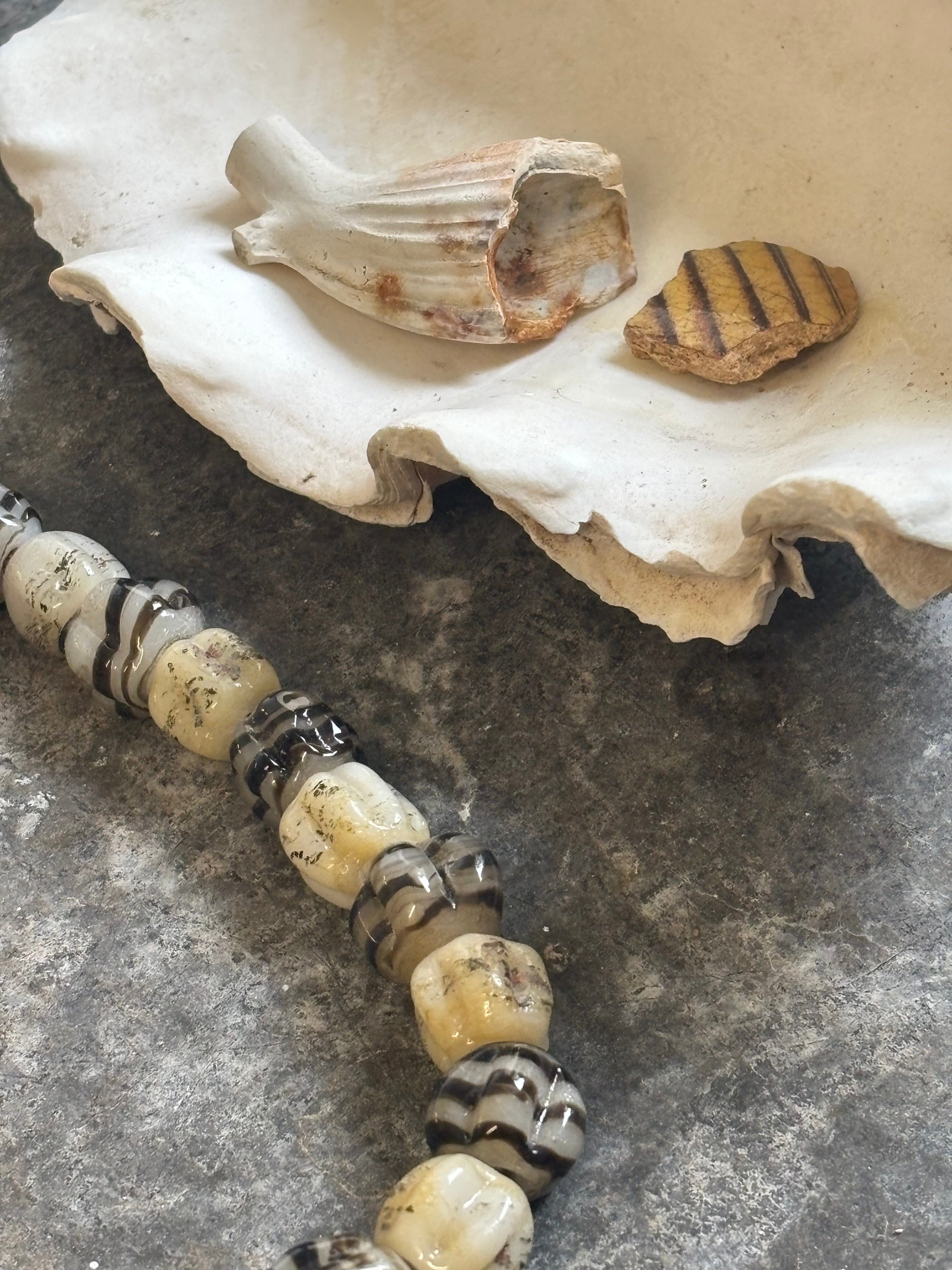 Scallop Shell and Nautical Stripes Necklace with Handmade Beads from Foraged Glass