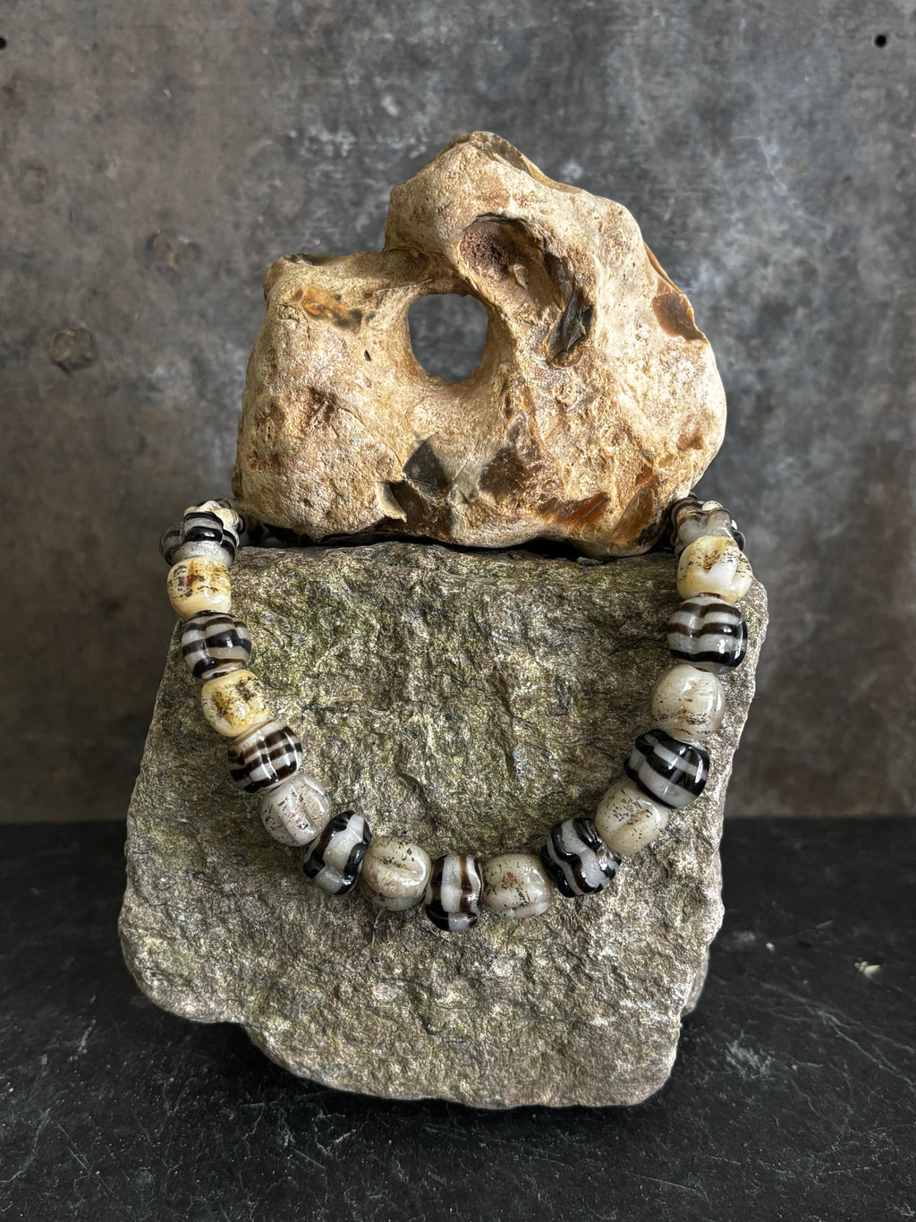 Scallop Shell and Nautical Stripes Necklace with Handmade Beads from Foraged Glass