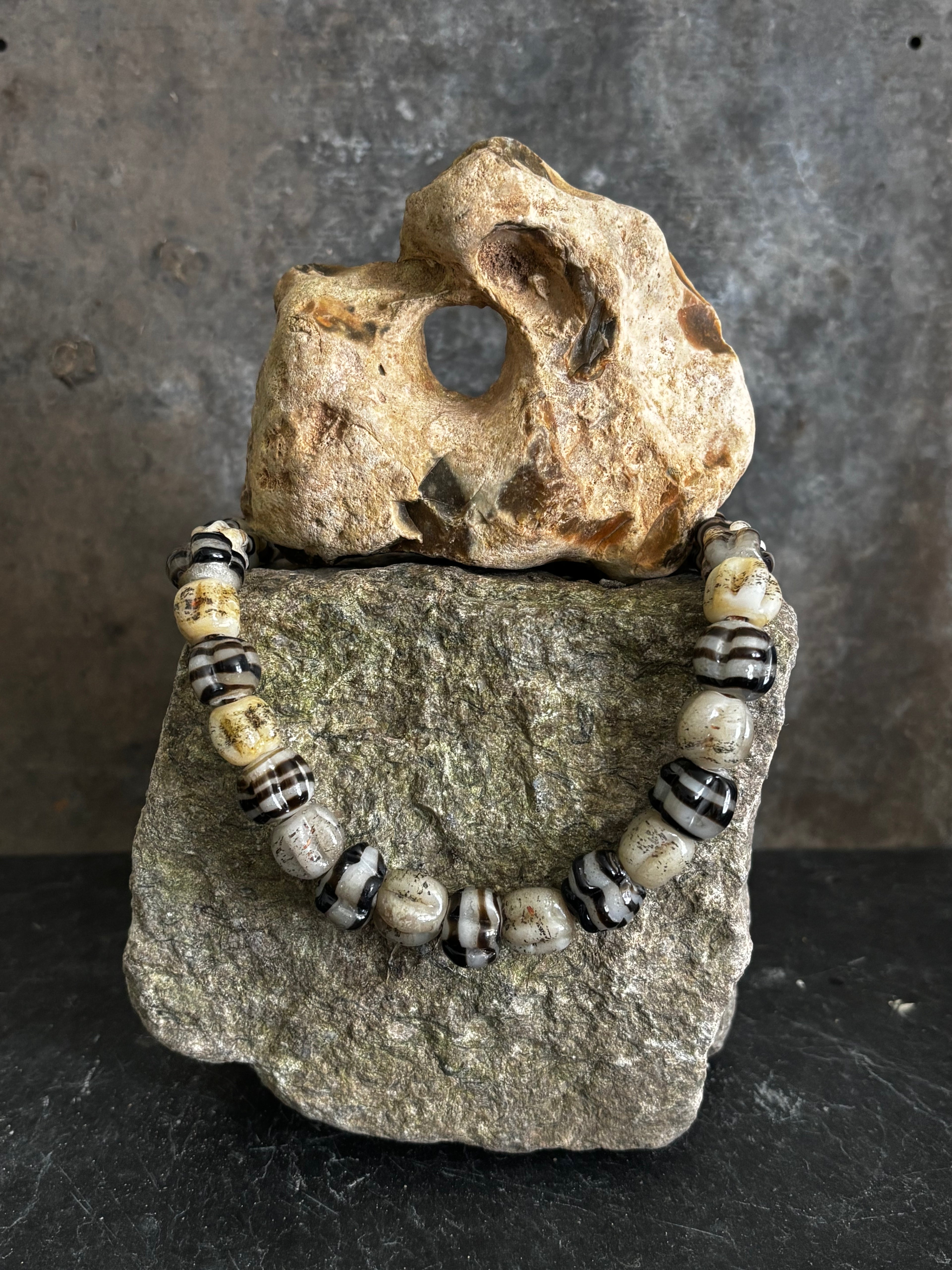 Scallop Shell and Nautical Stripes Necklace with Handmade Beads from Foraged Glass