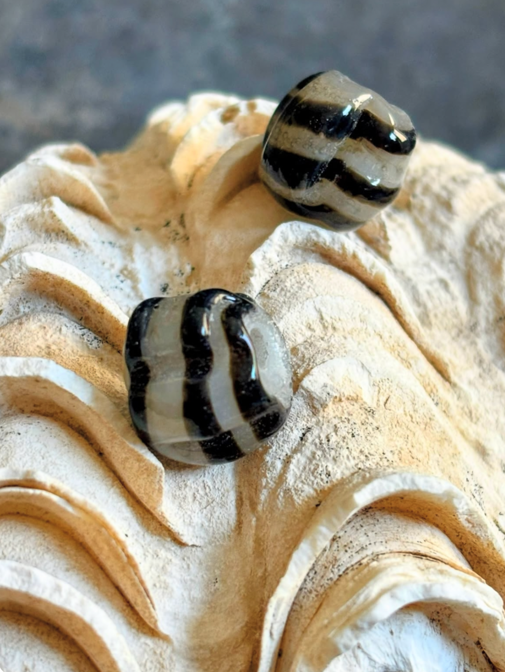 Scallop Shell and Nautical Stripes Necklace with Handmade Beads from Foraged Glass
