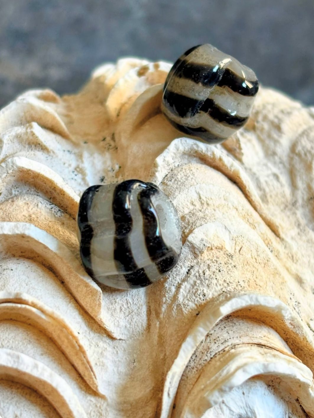 Scallop Shell and Nautical Stripes Necklace with Handmade Beads from Foraged Glass