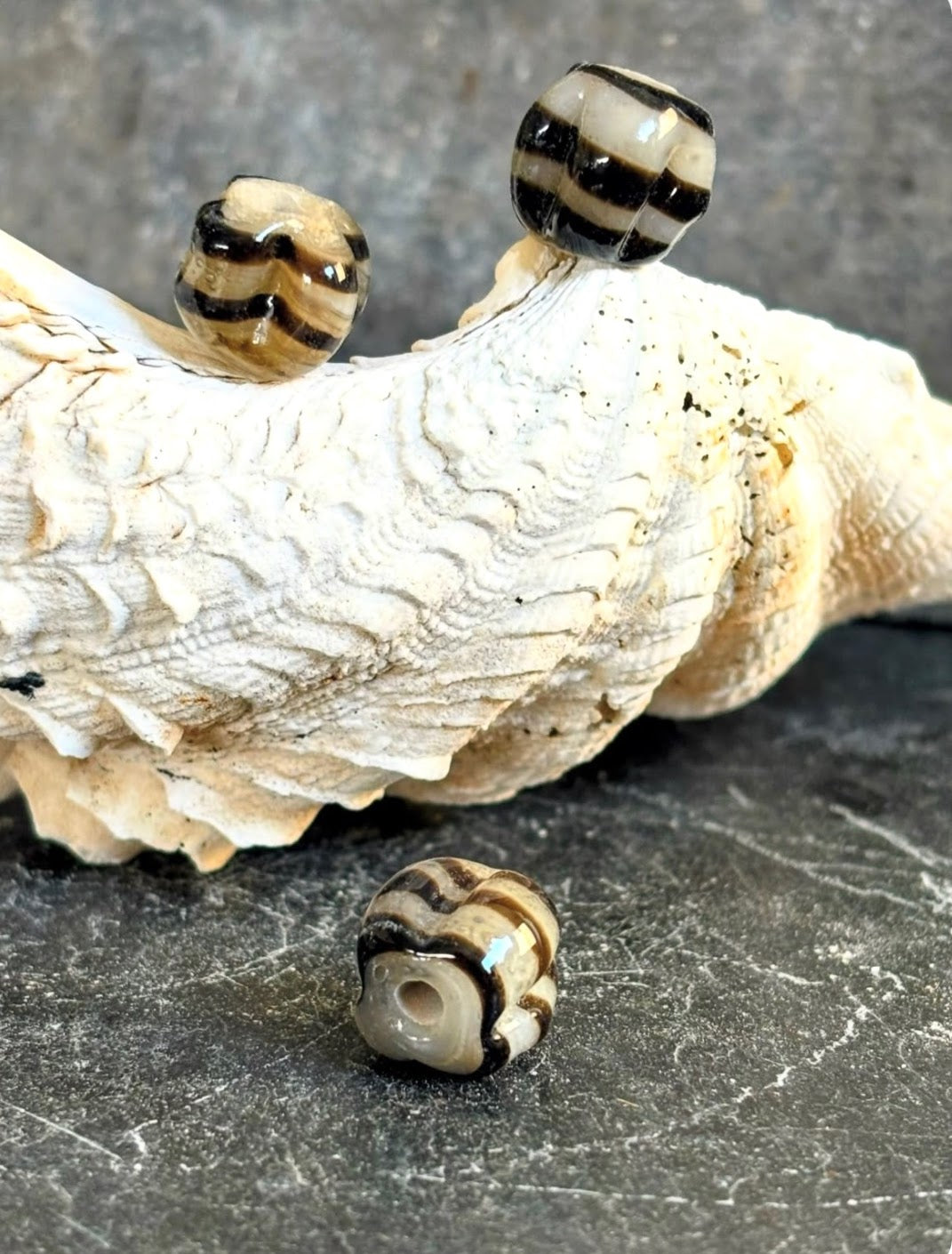 Scallop Shell and Nautical Stripes Necklace with Handmade Beads from Foraged Glass